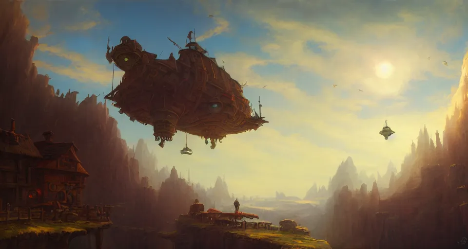 Image similar to landscape an fantasy town in the sky and an sky - ship flying towards it, andreas rocha