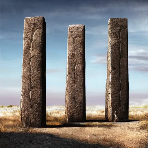 Prompt: hyper realistic indigenous stone monoliths with post - apocalyptic background