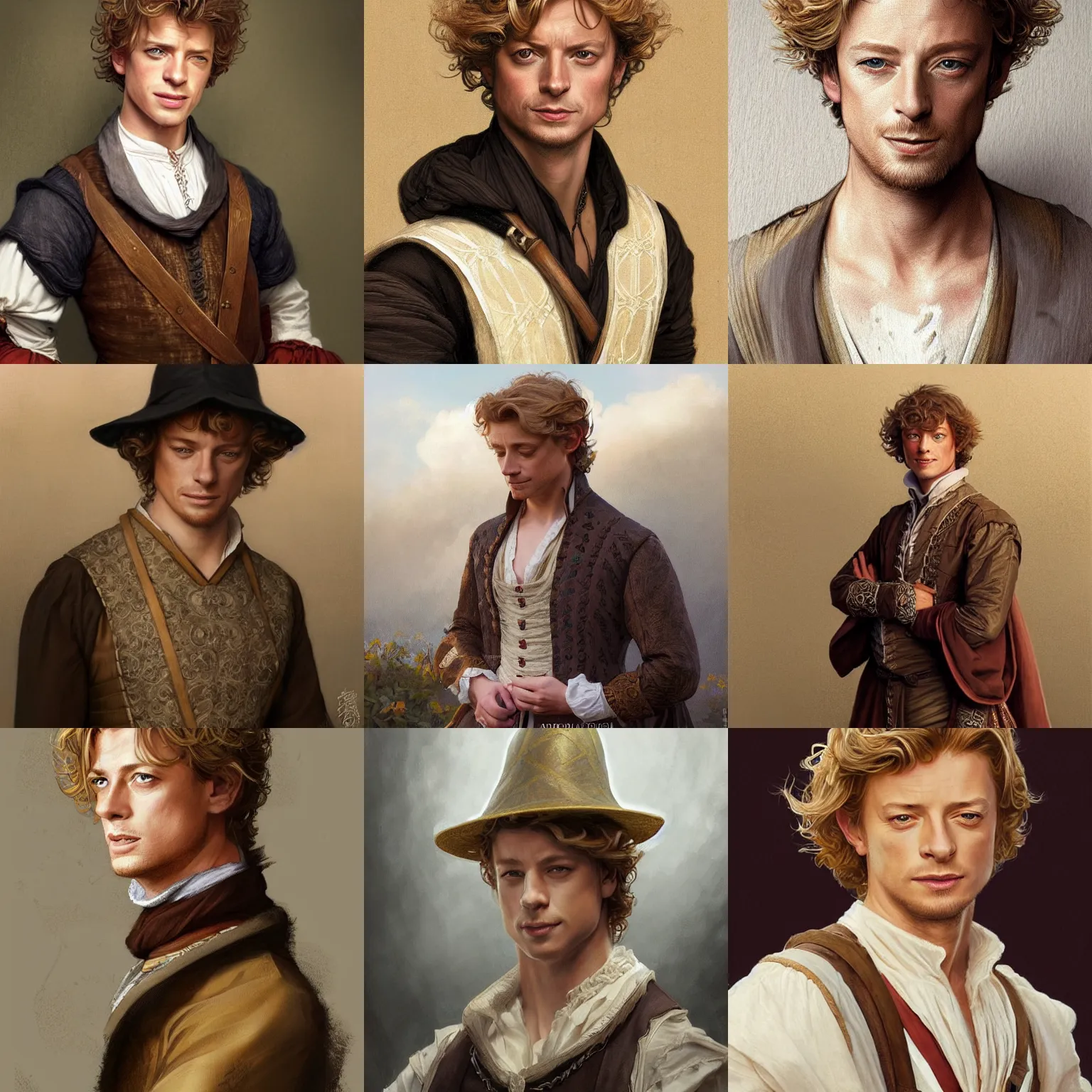 Image similar to a young man wearing 16th century clothes, sly expression, blonde, young simon baker, D&D, fantasy, portrait, highly detailed, digital painting, artstation, concept art, sharp focus, illustration, art by artgerm and greg rutkowski and alphonse mucha