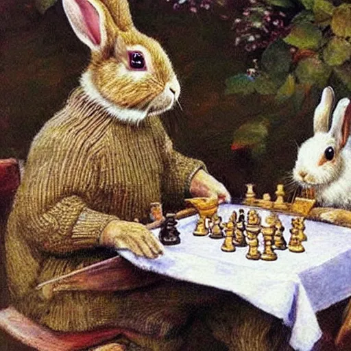 Image similar to rabbits drinking tea and playing chess. Painting of rabbits in sweaters by James Gurney (charming illustration of two cute rabbit gentlemen).