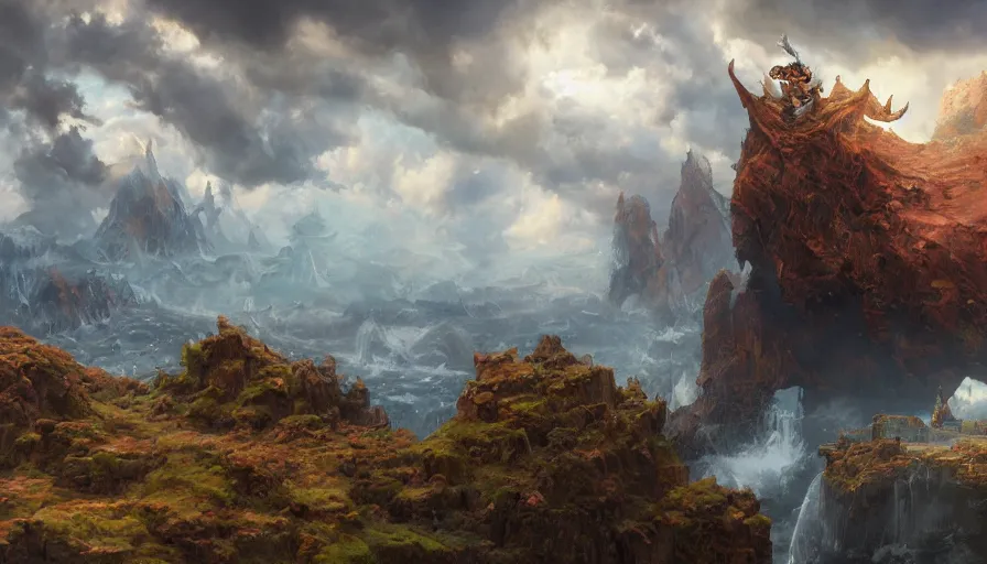 Prompt: excellent painted deamon in an epic and magical landscape from another dimension with fluffy clouds, painted by Hans Fredrik Gude, Greg Rutkowksi, Craig Mullins and Artgerm, concept art 2022, 4k, ultra realistic highly detailed oil painting