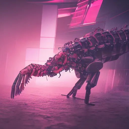 Image similar to a cyberpunk shrimp god villain, studio, studio background, sharp focus, dynamic lights, still, photograph, hyper realistic, masterpiece, digital, octane render, rendered, 3 d, blender, 3 d software, cinematic, cinematic lighting, dramatic lighting, dramatic