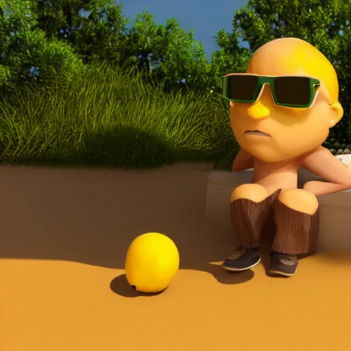 Prompt: 3d render, Chibi lemon character with an accomplished look on his face, he is wearing green sunglasses relaxing on the beach at sunset