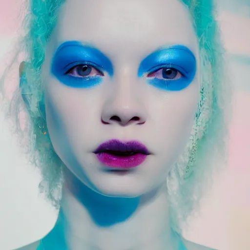 Image similar to a close - up risograph of cyberpunk albinism model girl wearing lots of transparent and cellophane accessories, light blue colors, huge earrings and queer make up, blue hour, trash style, oversaturated, hue - shifted, twilight, cool, portrait, crispy, full - shot, blue sky, kodachrome, photo by mayumi hosokura
