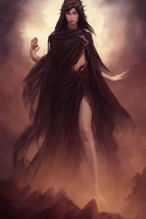 Image similar to seductive looking sorceress prays!!! magic the gathering, windy hair!, surreal dark fantasy, cinematic volumetric lights, portrait, dnd, intricate, elegant, highly detailed, digital painting, artstation, concept art, smooth, sharp focus, illustration, art by artgerm and tom bagshaw and greg rutkowski and alphonse mucha