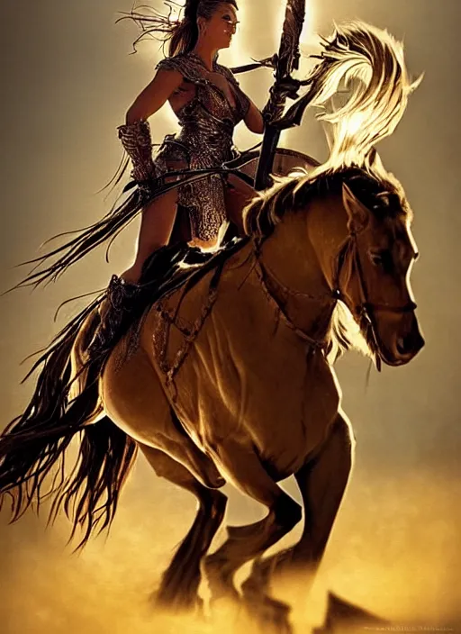 Prompt: sofia vergara riding a stallion, dressed in fantasy garb like in Dino De Laurentis Conan movie, with lighting shooting out of the blade, destroying hoards of vikings, Arsen Lupin as a Paladin, D&D, Gloomhaven, matte painting concept art, art nouveau, beautifully backlit, swirly vibrant color lines, fantastically gaudy, aesthetic octane render, 8K HD Resolution, by ilya kuvshinov and Cushart Krentz and Gilleard James