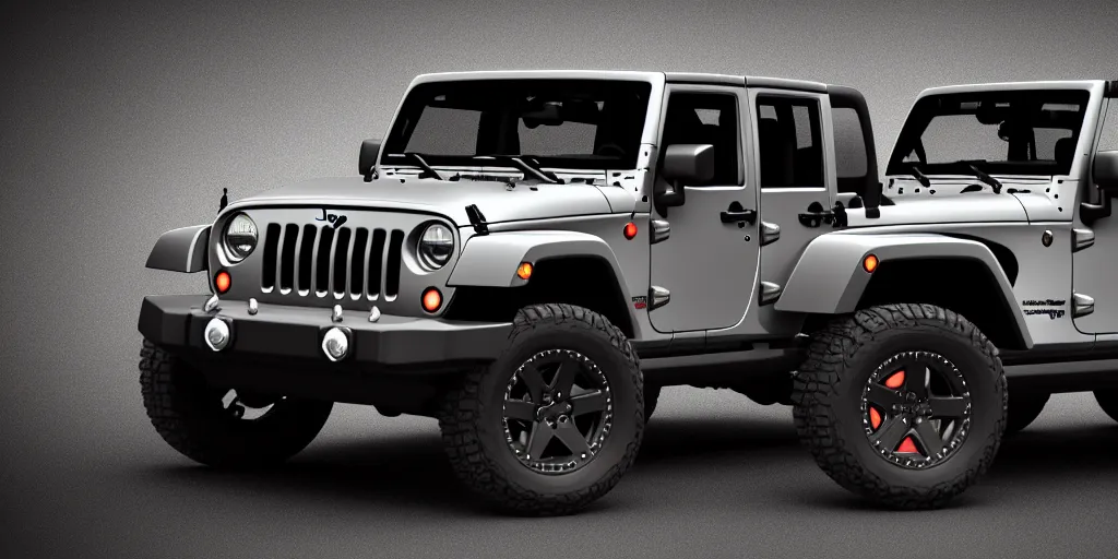Prompt: Jeep Wrangler, 3D Render, Hyper Detailed, Black Background, Symmetrical