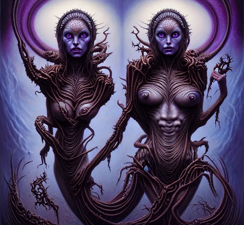 Image similar to A beautiful detailed alien goddess woman with 6 arms super dark tarot card, gorgeous model face by Stanley Artgerm, by tomasz alen kopera and Justin Gerard, 4 eyes, beautiful symmetrical features, ominous, magical realism, melting, texture, intricate, ornate, royally decorated, melting, whirling smoke, embers, purple adornments, blue torn fabric, radiant colors, fantasy, trending on artstation, volumetric lighting, micro details, 3d sculpture, ray tracing, 8k, anaglyph effect