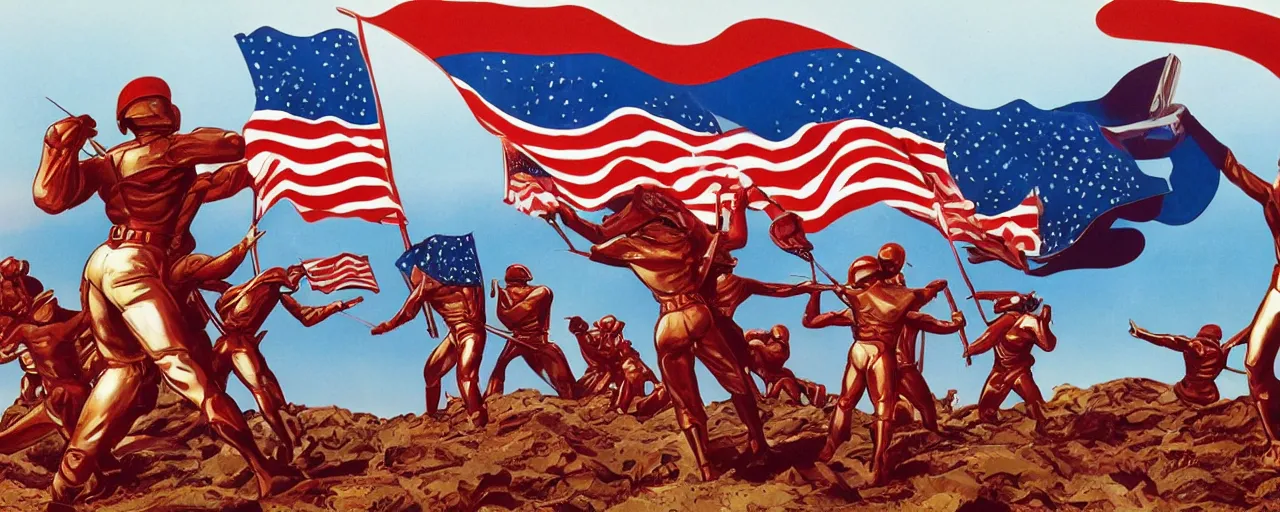 Image similar to full color photo of red white and blue androids proudly raising the flag on iwo jima in the style of alex grey and syd mead