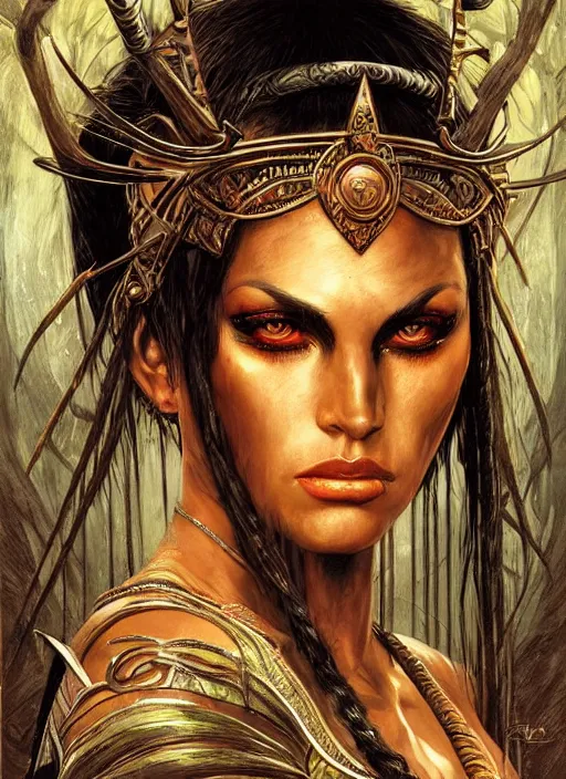 Image similar to a highly detailed symmetrical painting of a female amazon warrior with piercing beautiful eyes in dark tomb setting, dynamic lighting, ambient lighting, deviantart, art by karol bak and glenn fabry