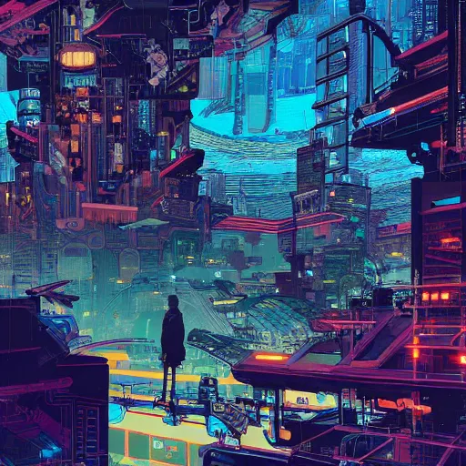 Image similar to cyberpunk explorer playing video games in his treehouse, highly detailed, 4k, midnight, by Victo Ngai and James Gilleard , Moebius, Laurie Greasley