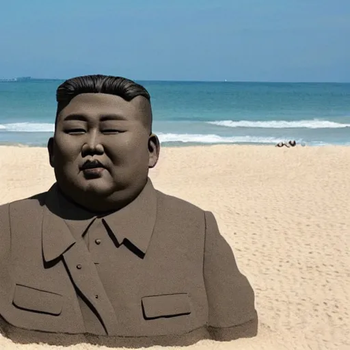 Image similar to a sand sculpture of kim jong un on the beach