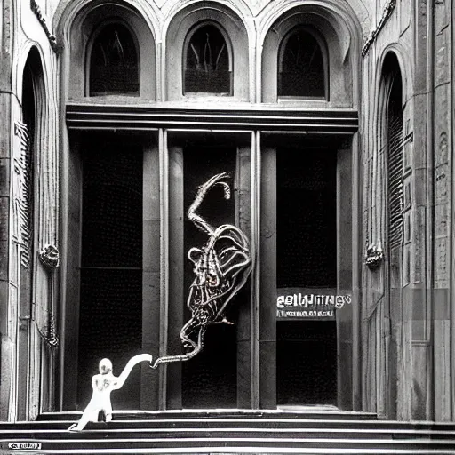 Prompt: Ripley and cat Jonesy moving apartment New York City 1983, gothic building entrance way art Deco H.R. Giger, cinematic feel, high octane