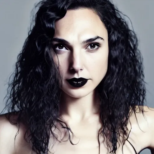 Image similar to gal gadot as a goth woman, eye piercings, close up shot, black hair on right half, white hair on left half, pale skin, sensual, beautiful soft light failling on her face, studio photography, nikon 3 5 mm portrait photography, ultra realistic