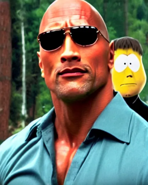 Prompt: film still close - up shot of dwayne johnson in the movie south park bigger, longer & uncut. photographic, photography