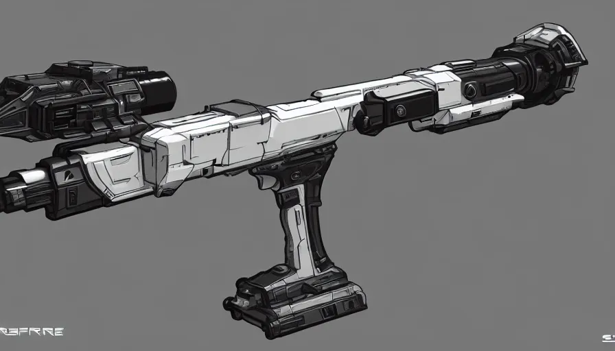 Image similar to extremely detailed realistic side view of a sci fi laser gatling gun, detailed trigger, chemically propelled, pattery powered, smooth streamline, battery and wires, railgun, tribarrel, gauss, elegant sleek smooth body, white paint, smooth utopian design, ultra high quality, minimalist, octane, cod, destiny, warframe, terminator