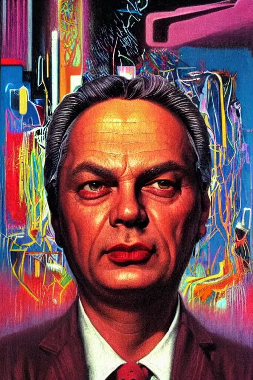 Prompt: 8 0 s art deco close up portait of viktor orban, rain like a dream oil painting curvalinear clothing cinematic dramatic cyberpunk textural fluid lines otherworldly vaporwave interesting details fantasy lut epic composition by basquiat zdzisław beksinski james jean artgerm rutkowski moebius francis bacon gustav klimt