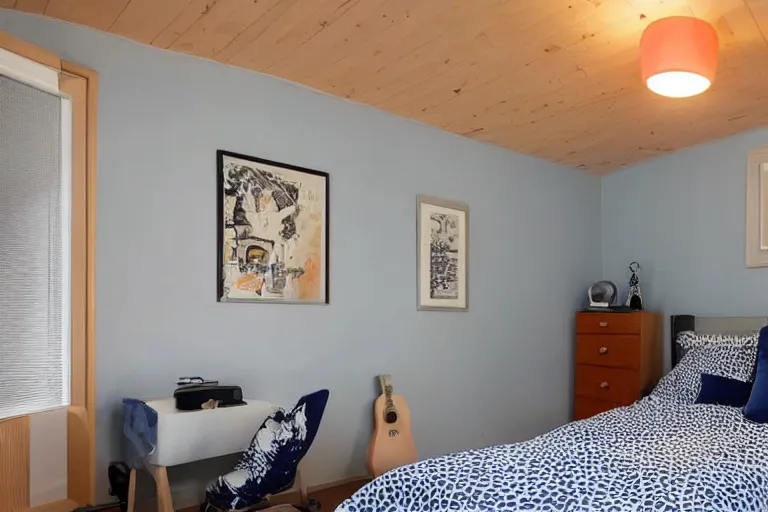 Image similar to a 10 by 11 foot room with white with a criss cross pattern in blue grey walls, white ceiling, navy blue carpet, a small bed, desk, two wooden wardrobes, a little side table in a light wood veneer, a window, desk fan, table light, and an old TV, and a ceiling fan gives off a dim orange light. Old