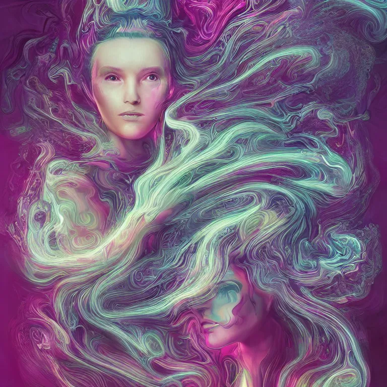 Image similar to portrait of a woman with swirling hair and fractal skin by killian eng, retrofuturism, psychedelic art reimagined by industrial light and magic