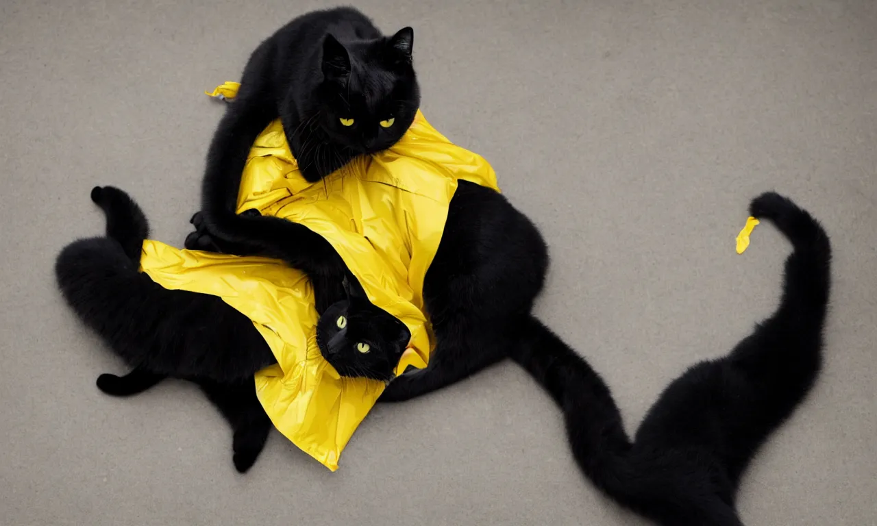 Image similar to a big black cat wearing a yellow raincoat, cat is standing on his back feet