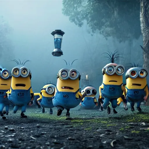 Image similar to POV of a group of minions sprinting toward you and trying to eat you. The minions are carrying torches and pitchforks. The minions are very angry. concept art, sharp lighting, 4k, detailed, Peter Jackson, Ridley Scott, bright colors