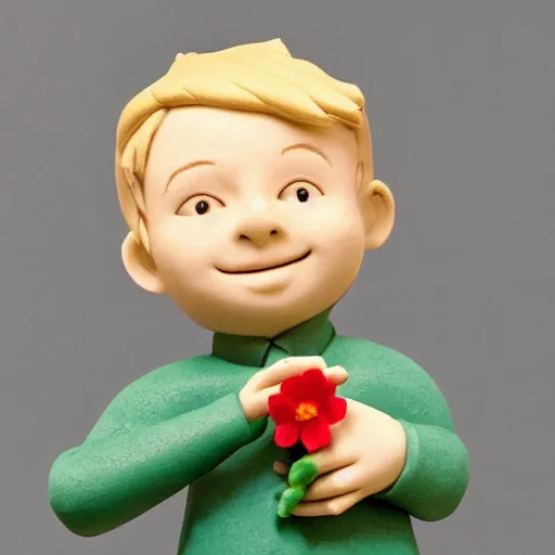 Image similar to the little prince smiling with a purple flower on his hand. made of clay