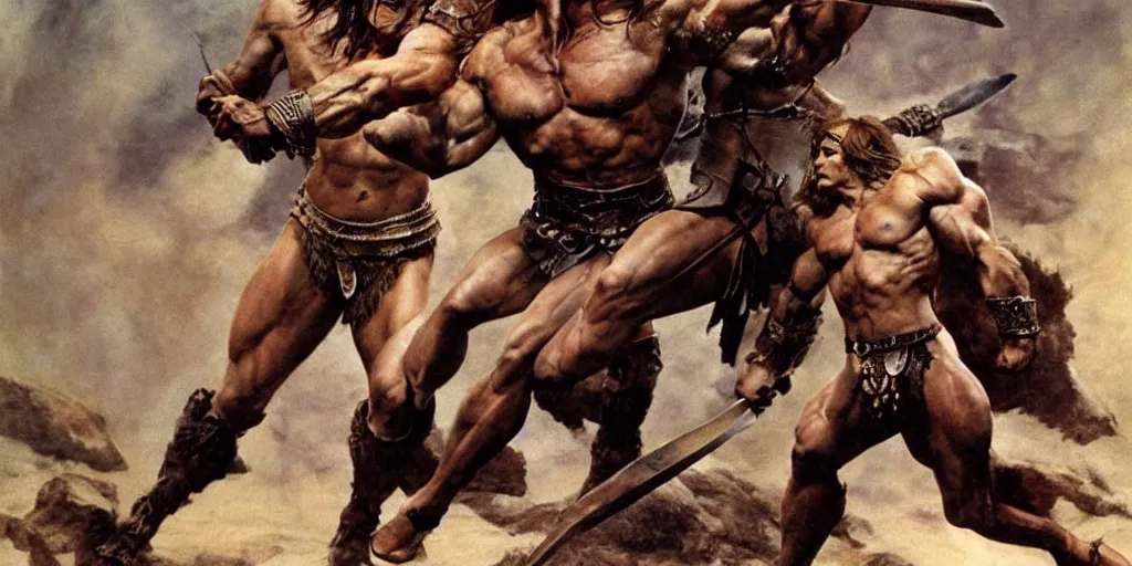 Image similar to hyperrealistic mixed media action scene of Conan the barbarian raising his sword for battle in leather boots and a loincloth, forward angle, stunning 3d render inspired art by Frank Frazetta and Simon Bisley, extremely muscular male hero + perfect facial symmetry + perfect muscle anatomy + perfect bodily proportions + dim volumetric lighting, 8k octane beautifully detailed render, post-processing, extremely hyperdetailed, intricate complexity, epic composition, grim yet sparkling atmosphere, cinematic lighting + masterpiece, trending on artstation