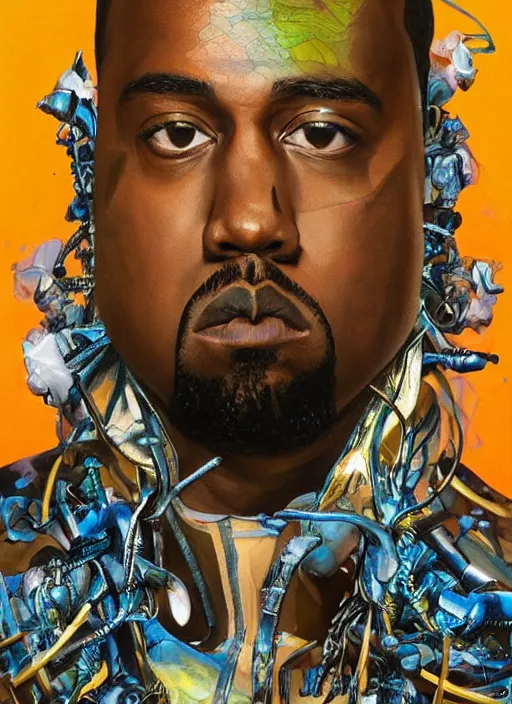 Prompt: ( ( ( ( ( beautiful painting of [ kanye west ], [ kanye west ] concept art, sci - fi illustration, airbrush watercolor painting [ cyberpunk ] ) ) ) ) ) by kehinde wiley and archan nair [ hyperrealism ]!!!!!!!