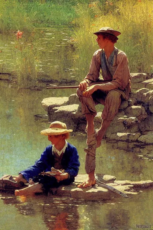 Image similar to huckleberry finn and tom sawyer sit by the river and fish, norman rockwell, victor Nizovtsev, bouguereau