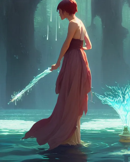 Image similar to highly detailed vfx portrait of a mage casting a water spell, unreal engine, greg rutkowski, loish, rhads, beeple, makoto shinkai and lois van baarle, ilya kuvshinov, rossdraws, tom bagshaw, alphonse mucha, global illumination, detailed and intricate environment