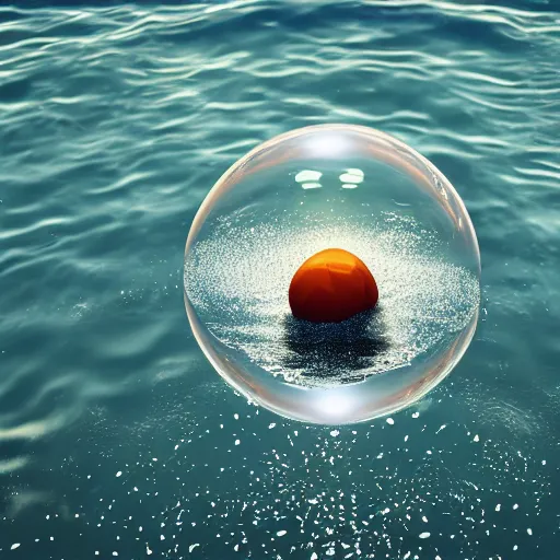 Prompt: a soap bubble floating on top of a body of water, a macro photograph by filip hodas, featured on cgsociety, space art, octane render, rendered in cinema 4 d, vray tracing