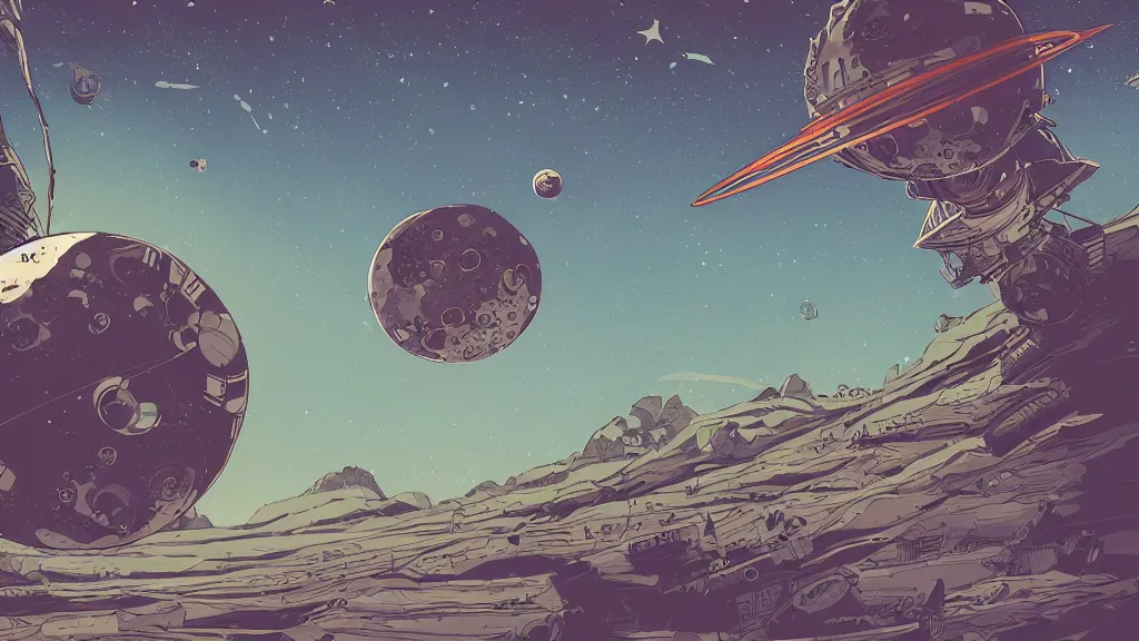 Image similar to very detailed, prophet graphic novel, ilya kuvshinov, mcbess, rutkowski, simon roy, illustration of a space junk floating around a dead planet, wide shot, colorful, deep shadows, astrophotography