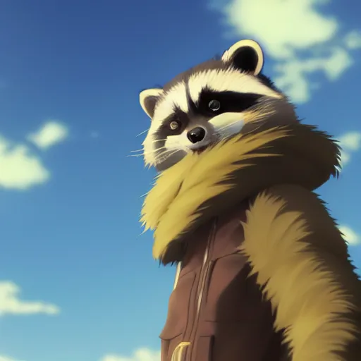Prompt: Anime racoon with a sky background, rendered by Makoto Shinkai, syd meade, environment concept, digital art, unreal engine, WLOP, trending on artstation, low level, 4K UHD image, octane render