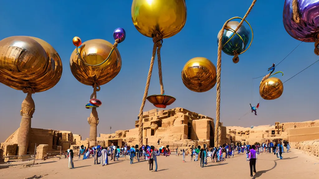 Prompt: large colorful futuristic space age metallic steampunk balloons with pipework and electrical wiring around the outside, and people on rope swings underneath, flying high over the beautiful ancient egyptian city landscape, professional photography, 8 0 mm telephoto lens, realistic, detailed, photorealistic, photojournalism