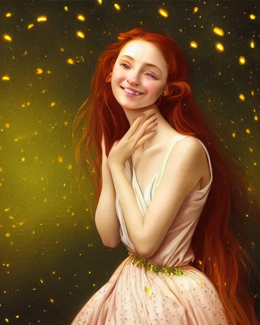 Image similar to a happy young woman looking over shoulder, intricate detailed dress, sitting among the lights of golden fireflies and nature, long loose red hair, bright green eyes, small nose with freckles, triangle shape face, smiling, dreamy scene, golden ratio, high contrast, hyper realistic digital art by caravaggio and artgerm.