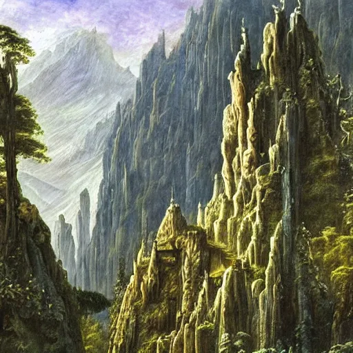 Image similar to A beautiful and highly detailed oil painting of beautiful elven temple in the mountains, detailed trees and cliffs, intricate details, rivendell, by Caspar Friedrich