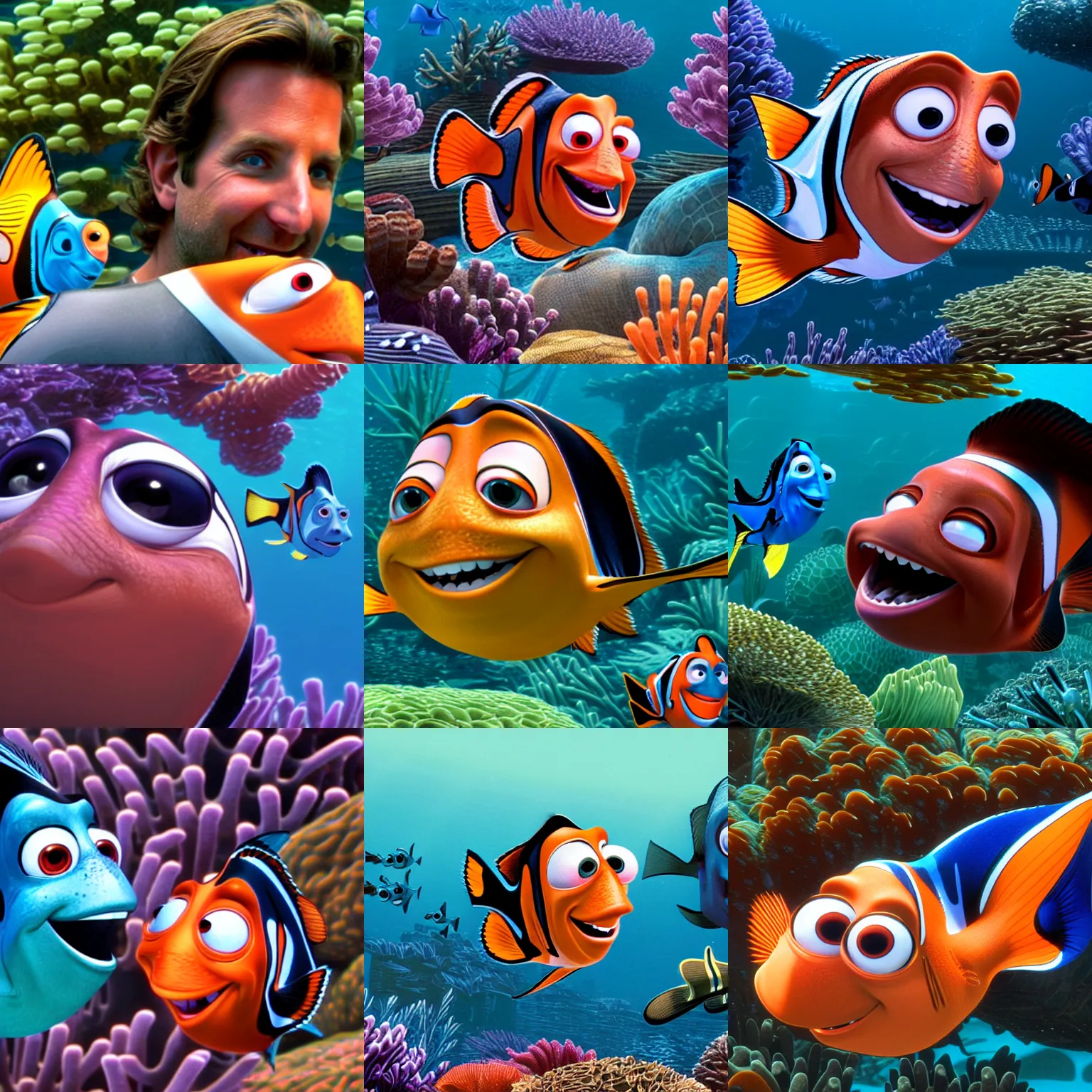 Prompt: finding nemo, pixar, 8 k, portrait, detailed face, bradley cooper, bradley cooper, bradley cooper, swimming