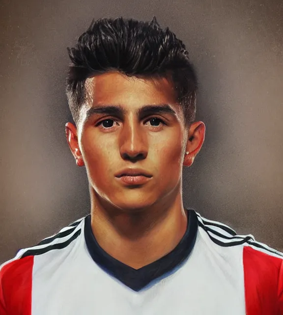 Prompt: portrait of a handsome young mexican soccer player, art by denys tsiperko and bogdan rezunenko and franz xaver kosler, hyperrealism