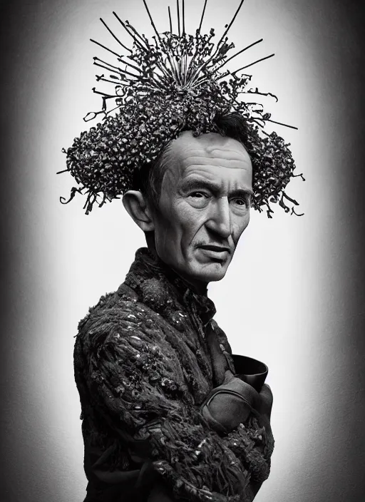 Image similar to a portrait of woody guthrie by erwin olaf and nekro borja, photorealistic, intricate details, hyper realistic, dark fantasy, rococo onyx headpiece, crystals, photorealistic, canon r 3, photography, symmetrical features, symmetrical pose, wide angle shot, head to toe, standing pose, feet on the ground