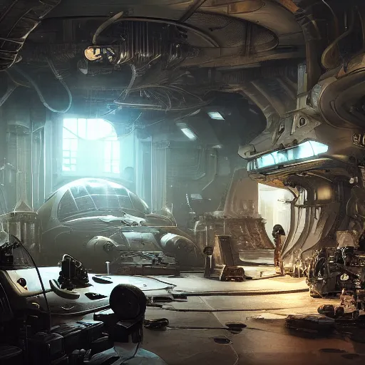 Prompt: inside of a alien hunters workshop, by Cedric Peyravernay, highly detailed, excellent composition, cinematic concept art, dramatic lighting, trending on ArtStation