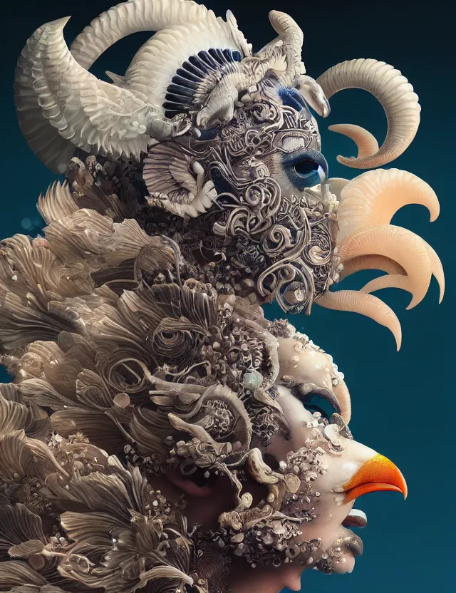 Image similar to 3 d goddess close - up frontal portrait with ram skull. beautiful intricately detailed japanese crow kitsune mask and clasical japanese kimono. betta fish, jellyfish phoenix, bio luminescent, plasma, ice, water, wind, creature, artwork by tooth wu and wlop and beeple and greg rutkowski