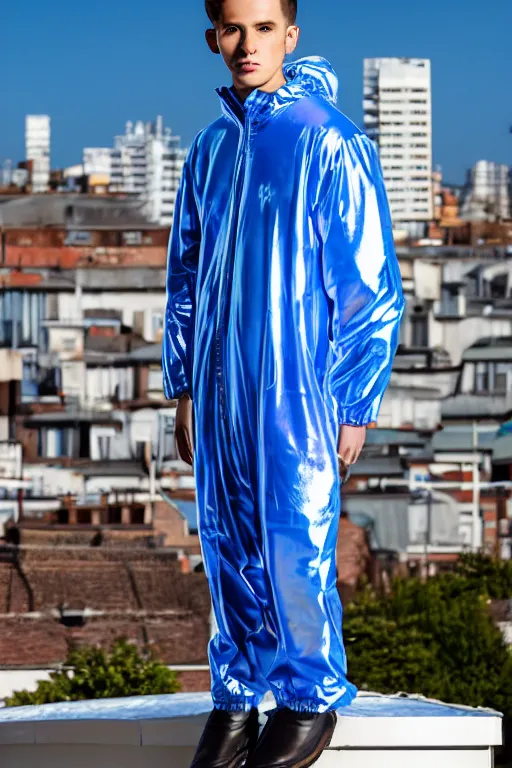 Image similar to un ultra high definition studio quality photographic art portrait of a young man standing on the rooftop of a british apartment building wearing opaque soft inflatable padded iridescent refractive utility clothing. three point light. extremely detailed. golden ratio, ray tracing, volumetric light, shallow depth of field. set dressed.