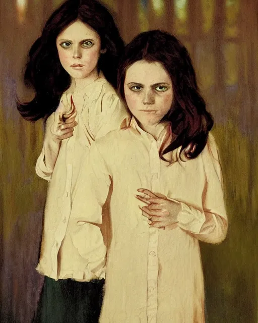 Image similar to two beautiful but creepy siblings wearing oxford shirts in layers of fear, with haunted eyes and dark hair, 1 9 7 0 s, seventies, wallpaper, a little blood, morning light showing injuries, delicate embellishments, painterly, offset printing technique, by brom, robert henri, walter popp