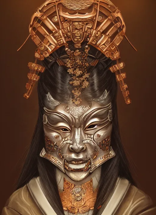 Image similar to a beautiful detailed oil on copper art illustration of a japanese samurai demon mask woman, the mask is broken, centered, by charlie bowater, zeng fanzh, trending on artstation, dim dusk lighting, cinematic lighting, detailed lighting, volumetric lighting, realistic, f 8, 4 k hd wallpaper