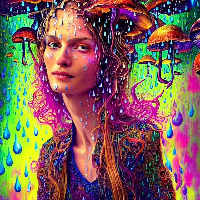 Image similar to bright portrait surrounded by psychedelic mushrooms with rain on face and wet hair, smiling, diffuse overhead lighting, fantasy, intricate, elegant, dramatic lighting, highly detailed, lifelike, photorealistic, digital painting, artstation, illustration, concept art, smooth, sharp focus, art by John Collier and Albert Aublet and Krenz Cushart and Artem Demura and Alphonse Mucha