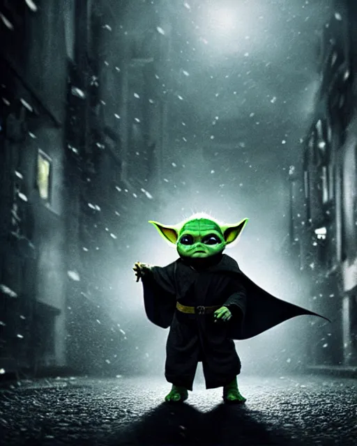 Image similar to epic closeup cinematic still of baby yoda as batman wearing batman costume with batcape as batman in atmospheric rainy alleyway in the style of batman the dark knight rises, 8 k backlit, rim lighting, dramatic moonlight lighting, beautiful composition