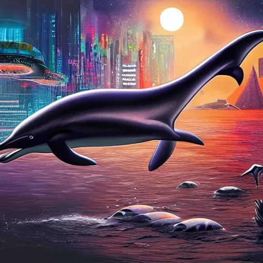 Image similar to an alien dolphin city, sci-fi digital art illustration,