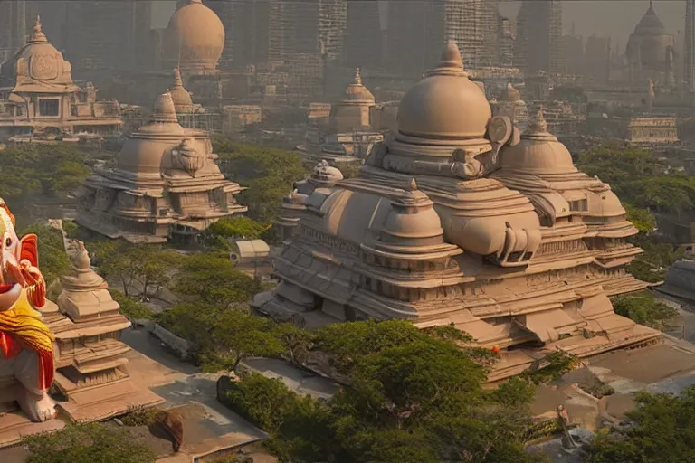 Image similar to beautiful futuristic new delhi, sci - fi ganesha!! building, kalighat flowers, octane highly detailed cinematic, stephen shore & john j. park, soft morning light, wide shot, aerial shot, uhd 8 k, shallow depth of field