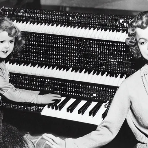 Prompt: Shirley Temple using a giant modular synth, photograph