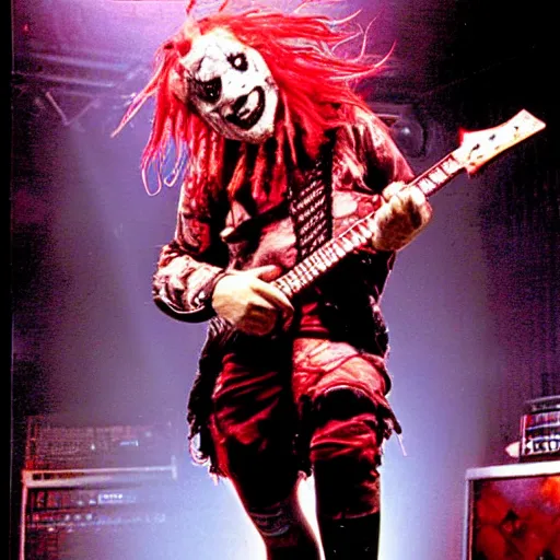 Image similar to Psychotic clown playing 7-string-guitar, concert, concert lighting, Slipknot, 2002, MTV, VHS quality